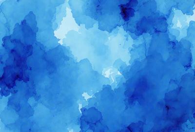 The primary subject of the image is a blue cloudy sky. The setting is a cloudy blue sky with a few white clouds. The visual style is a watercolor painting, giving the image a vibrant and artistic appearance. The dominant colors are blue and white, creating a serene and calming atmosphere.
