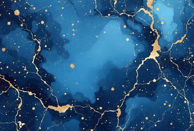 The primary subject of the image is a blue and gold painting, featuring a starry night scene. The setting is a blue background, and the visual style appears to be a combination of digital art and illustration. The dominant colors are blue and gold, creating a serene and celestial atmosphere.