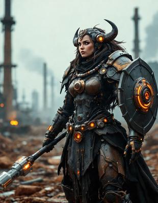 The primary subject of the image is a woman dressed in a medieval-style armor, holding a sword. She is standing in a dirt field, which serves as the setting for the scene. The visual style of the image is a combination of photo and digital art, creating a unique and intriguing atmosphere. The dominant colors in the image are earth tones, such as brown and orange, which contribute to the overall mood of the scene.