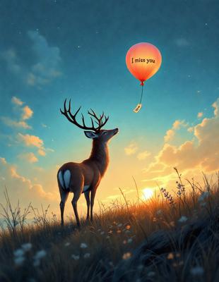 Primary subject: A deer with a balloon in its mouth.

Setting/background: A field with flowers and a cloudy sky.

Visual style: Digital art.

Colors and mood: The image is in color, with a warm and serene atmosphere.