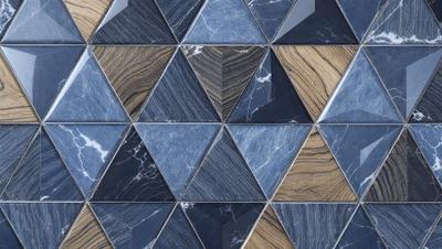 The primary subject of the image is a blue and black marble tile wall. The setting is a room with a blue and black marble tile floor. The visual style is a close-up of the tile wall, showcasing the intricate design and patterns. The colors and mood of the image are predominantly dark and moody, with the blue and black tiles creating a striking contrast against the darker background.