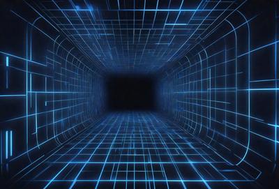 The primary subject of the image is a tunnel-like structure with a blue, geometric pattern on the walls. The setting is a dark, enclosed space, and the visual style appears to be a combination of a photo and digital art. The dominant colors are blue and black, creating a moody atmosphere.