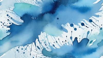 The primary subject of the image is a blue and white watercolor painting of a wave. The setting is a blue ocean, and the visual style is a watercolor painting. The dominant colors are blue and white, creating a serene and calming atmosphere.