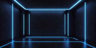 The primary subject of the image is a large, dark room with a blue glow. The setting is a black room with a blue light, creating a unique atmosphere. The visual style is a digital art or illustration, as the room appears to be a futuristic or surreal space. The dominant colors are blue and black, giving the room a moody and mysterious feel.