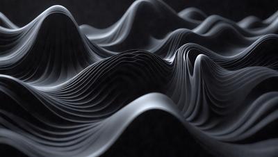 The primary subject of the image is a series of black and white waves, which are the main objects in the scene. The setting is a dark background, creating a moody atmosphere. The visual style is a combination of digital art and illustration, as the waves are depicted in a detailed and artistic manner. The dominant colors are black and white, with the waves being the main focus of the image.