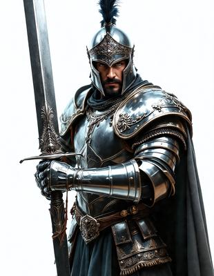 The primary subject of the image is a man dressed in a suit of armor, holding a sword. The setting is a white background, which provides a clean and uncluttered environment for the man's armor and sword to stand out. The visual style is a digital art, which gives the image a detailed and realistic appearance. The colors and mood of the image are predominantly silver and black, creating a sense of strength and power.