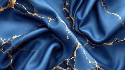 The primary subject of the image is a blue fabric with gold speckles. The setting is a close-up of the fabric, showcasing its unique texture and design. The visual style is a detailed, up-close view of the fabric, highlighting its intricate patterns and colors. The dominant colors are blue and gold, creating a sense of luxury and sophistication.