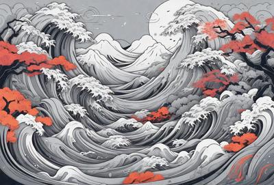 The primary subject of the image is a large wave with a mountainous backdrop. The setting is a painting or drawing, showcasing the artist's skill in creating a realistic and dramatic scene. The visual style is a combination of digital art and traditional drawing, with the use of vibrant colors and intricate details. The dominant colors in the image are red, white, and gray, creating a sense of intensity and power. The overall atmosphere of the image is one of awe and admiration for the beauty and force