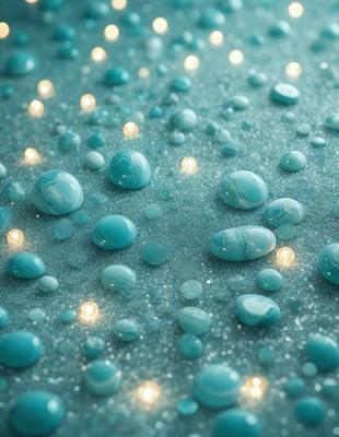 The primary subject of the image is a close-up of a blue surface, possibly a table or a wall, with a pattern of blue and white droplets. The setting appears to be a room with a blue-green color scheme. The visual style of the image is a combination of a photo and digital art, creating a unique and intriguing appearance. The colors and mood of the image are predominantly blue and green, giving it a calm and serene atmosphere.