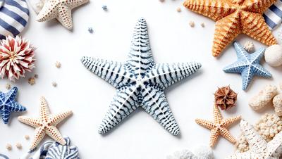 The primary subject of the image is a white and black starfish. The setting is a white surface, and the visual style is a close-up of the starfish. The colors and mood of the image are predominantly white and black, giving it a clean and minimalist appearance.