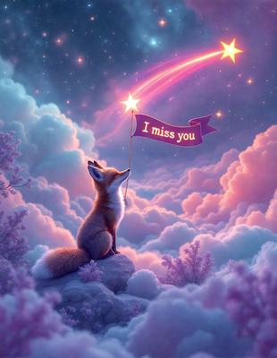 The primary subject of the image is a fox sitting on a rock, looking up at the sky. The setting is a cloudy sky, and the visual style is a digital art or illustration. The colors in the image are predominantly pink and purple, creating a warm and dreamy atmosphere.