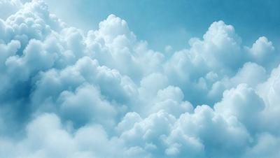 The primary subject of the image is a cloudy blue sky filled with fluffy white clouds. The setting is a vast, open sky, and the visual style is a natural, outdoor atmosphere. The colors and mood of the image are predominantly blue and white, creating a serene and peaceful ambiance.
