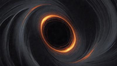 The primary subject of the image is a large, brightly lit circle, which appears to be a black hole. The circle is surrounded by a swirling pattern of orange and black colors, creating a visually striking and dramatic scene. The setting is a dark background, which further emphasizes the brightness of the circle. The visual style of the image is a combination of digital art and illustration, with the orange and black colors giving it a dynamic and intense appearance. The overall atmosphere of the image is one of wonder and a