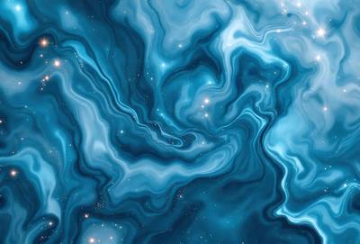The primary subject of the image is a blue, swirling, and twisting pattern, which appears to be a digital art or illustration. The setting is a dark, starry background, creating a contrasting and dramatic atmosphere. The visual style is a combination of digital art and illustration, with a focus on the swirling pattern. The colors and mood are predominantly blue, with a sense of depth and movement.