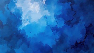 The primary subject of the image is a blue sky with clouds. The setting is a cloudy sky, and the visual style is a painting or drawing. The dominant colors are blue and white, creating a calm and serene atmosphere.
