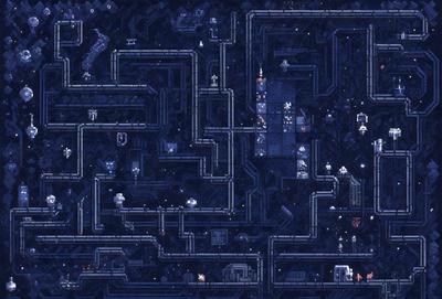 The primary subject of the image is a complex, intricate, and detailed digital artwork or illustration. The setting is a dark, blue-toned environment, possibly a space or a futuristic setting. The visual style is a combination of digital art and illustration, with a focus on the interconnected pipes and tubes that create a maze-like structure. The colors and mood are predominantly dark and moody, with the blue tones adding to the overall atmosphere.