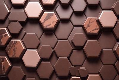 The primary subject of the image is a close-up of a chocolate wall with a pattern of hexagonal shapes. The setting is a wall, and the visual style appears to be a photo. The dominant colors are brown and black, creating a rich and textured atmosphere.