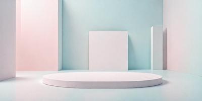 The primary subject of the image is a white square, which is placed on a blue surface. The setting appears to be a room with a wall, and the visual style is a photo. The dominant colors in the image are white and blue, creating a clean and calming atmosphere.