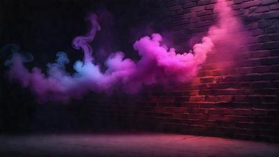 The primary subject of the image is a pink and purple smoke or fog, which is billowing out of a brick wall. The setting is an indoor environment, possibly a room or a building. The visual style appears to be a combination of photo and digital art, as the smoke seems to be digitally manipulated. The colors and mood of the image are predominantly pink and purple, creating a somewhat surreal and dreamy atmosphere.