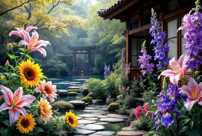 The primary subject of the image is a beautiful garden with a variety of flowers, including sunflowers, lilies, and purple flowers. The garden is situated next to a pond, creating a serene and picturesque scene. The setting is a combination of natural elements, such as the pond and the garden, and man-made structures, like the wooden building nearby. The visual style of the image is a mix of photo and digital art, giving it a unique and artistic appearance. The colors and mood of the