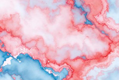 The primary subject of the image is a cloudy sky with a mix of red, pink, and blue colors. The setting is a cloudy sky, and the visual style appears to be a combination of digital art and illustration. The dominant colors in the image are red, pink, and blue, creating a vibrant and lively atmosphere.
