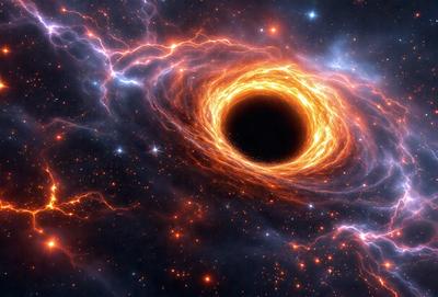 The primary subject of the image is a large, brightly lit, and colorful black hole. The setting is a space filled with stars, creating a vibrant and dynamic backdrop. The visual style is a combination of a photo and digital art, as the black hole appears to be a real celestial object, while the surrounding stars are digitally rendered. The colors and mood of the image are predominantly orange and red, giving the scene a warm and lively atmosphere.