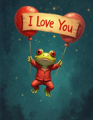 The primary subject of the image is a cartoon frog wearing a red suit and holding two balloons. The setting is a night sky, and the visual style is digital art. The dominant colors are red and blue, creating a lively and cheerful atmosphere.