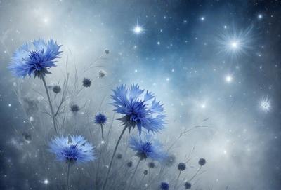 The primary subject of the image is a group of blue flowers, which are the main objects in the scene. The setting is a night sky, with the flowers blooming against a backdrop of stars. The visual style is a digital art, as the flowers are depicted in a stylized manner. The dominant colors in the image are blue and white, creating a serene and peaceful atmosphere.
