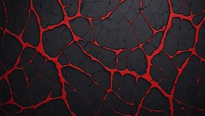 The primary subject of the image is a close-up of a black surface with red streaks, resembling a piece of art or a textured wall. The setting appears to be a dark room, and the visual style is a combination of a photo and a digital artwork. The dominant colors are red and black, creating a bold and striking atmosphere.