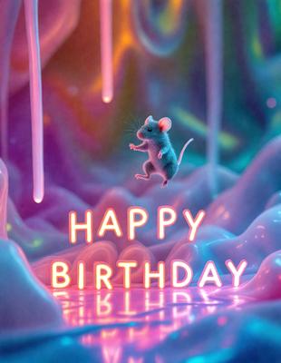 The primary subject of the image is a happy birthday message. The setting is a colorful, abstract background with a mouse flying through the air. The visual style is a combination of digital art and illustration, creating a vibrant and lively atmosphere. The dominant colors are pink, blue, and purple, which contribute to the overall happy and celebratory mood of the image.