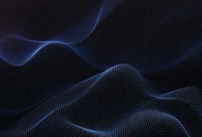 The primary subject of the image is a blue, swirling, and flowing pattern. The setting is a dark background, which contrasts with the blue pattern. The visual style is a digital art or illustration, creating a unique and captivating atmosphere. The dominant colors are blue and black, giving the image a futuristic and dynamic feel.