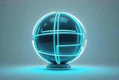 The primary subject of the image is a large, blue, glowing sphere. The setting is a white background, which provides a clean and minimalist appearance. The visual style is a combination of digital art and illustration, creating a futuristic and modern atmosphere. The colors and mood are predominantly blue, which gives the image a calm and serene feel.
