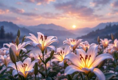 The primary subject of the image is a field of white flowers, with a beautiful sunset in the background. The flowers are scattered throughout the field, creating a serene and picturesque scene. The setting is a mountainous area, with the sun setting in the distance, casting a warm glow over the landscape. The visual style of the image is a photo, capturing the beauty of nature and the stunning backdrop of the sunset. The colors and mood of the image are predominantly warm and calming, with the