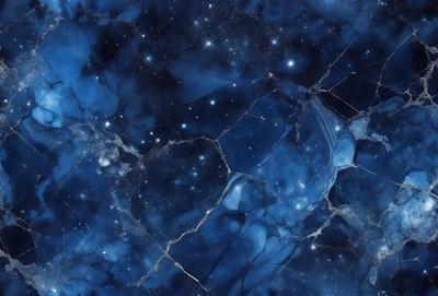 The primary subject of the image is a blue marble-like surface with a starry background. The setting appears to be a night sky, and the visual style is a combination of a photo and digital art. The colors are predominantly blue, and the overall atmosphere is serene and captivating.