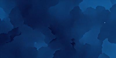 The primary subject of the image is a cloudy blue sky. The setting is a dark blue background, which creates a dramatic contrast with the cloudy sky. The visual style is a combination of digital art and illustration, giving the image a unique and artistic appearance. The colors and mood of the image are predominantly dark and moody, with the blue sky and clouds creating a sense of depth and atmosphere.
