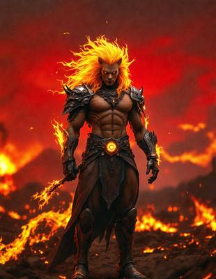 The primary subject of the image is a man with long, blonde hair and a beard, wearing a costume and standing in front of a fiery background. The setting appears to be a digital art or illustration, with the man being the main focus of the scene. The visual style is likely a combination of photo and digital art, creating a unique and dramatic atmosphere. The colors and mood of the image are dominated by the fiery background, which adds a sense of intensity and excitement to the scene.