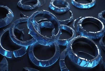 The primary subject of the image is a collection of blue rings. These rings are arranged in various positions, creating a visually interesting scene. The setting is a dark background, which contrasts with the bright blue color of the rings. The visual style of the image is a combination of digital art and illustration, giving it a unique and artistic appearance. The overall atmosphere of the image is one of creativity and intrigue, as the viewer is drawn to the captivating arrangement of the blue rings.