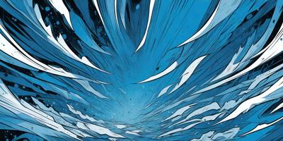 The primary subject of the image is a blue ocean with a white and blue wave. The setting is underwater, with the wave forming a tunnel-like structure. The visual style is a digital art or illustration, creating a dynamic and vibrant atmosphere. The dominant colors are blue and white, with the blue ocean and white wave creating a sense of depth and movement.