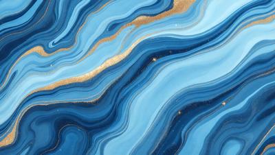 The primary subject of the image is a blue and gold swirling pattern, which appears to be a painting or a digital artwork. The setting is a blue background, and the visual style is a combination of painting and digital art. The dominant colors are blue and gold, creating a sense of depth and richness in the artwork.
