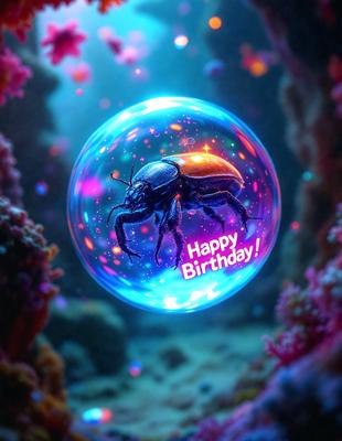 The primary subject of the image is a colorful, happy birthday bubble featuring a colorful, happy birthday message. The bubble is floating in a vibrant, colorful underwater environment, which includes a variety of colorful coral and other aquatic elements. The visual style of the image is a combination of photo and digital art, creating a unique and eye-catching design. The colors and mood of the image are lively and cheerful, with a focus on celebrating a special occasion.