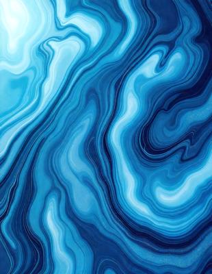 The primary subject of the image is a blue and white ocean wave. The setting is the ocean, with the wave being the main focus of the image. The visual style is a digital art or illustration, as the wave is depicted in a detailed and artistic manner. The dominant colors in the image are blue and white, creating a serene and calming atmosphere.