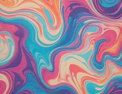 The primary subject of the image is a colorful, swirling pattern that resembles a painting or a digital artwork. The setting is a wall, and the visual style appears to be a combination of photo and digital art. The dominant colors in the image are blue, pink, and orange, creating a vibrant and lively atmosphere.