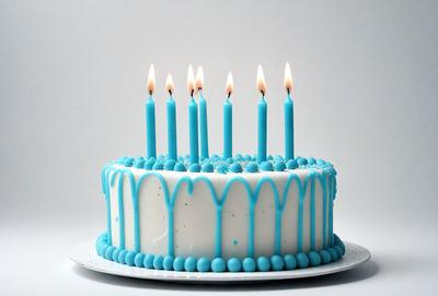 The primary subject of the image is a birthday cake with candles. The cake is white and blue, and it is placed on a white plate. The candles are lit, and they are arranged in a pattern around the cake. The setting is a white background, which provides a clean and simple backdrop for the cake. The visual style of the image is a close-up, which highlights the details of the cake and candles. The colors and mood of the image are warm and celebratory,