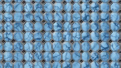 The primary subject of the image is a blue marble tile with a pattern of holes in it. The setting is a blue marble tile wall, which serves as the backdrop for the pattern. The visual style is a close-up of the tile, showcasing the intricate pattern of holes. The dominant colors are blue and white, creating a clean and elegant atmosphere.