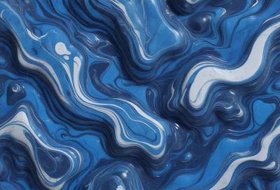 The primary subject of the image is a blue and white marbled surface, which appears to be a piece of art or a decorative item. The setting is a close-up view of the marbled surface, showcasing its intricate patterns and textures. The visual style of the image is a combination of a photo and digital art, as it captures the details of the marbled surface while also displaying a creative and artistic touch. The colors and mood of the image are predominantly blue and white, giving it