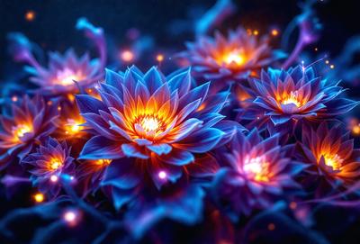 The primary subject of the image is a group of purple flowers with orange centers. The flowers are arranged in a blue background, creating a visually striking scene. The visual style of the image is a combination of photo and digital art, as it appears to be a close-up of the flowers with a blue background. The dominant colors in the image are purple and blue, with the orange centers adding a pop of color. The overall atmosphere of the image is serene and beautiful, with the flowers glowing in the dark