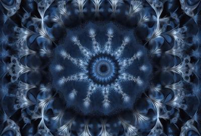 The primary subject of the image is a blue and white sunflower pattern. The setting is a blue background, and the visual style appears to be a digital art or illustration. The dominant colors are blue and white, creating a calm and serene atmosphere.