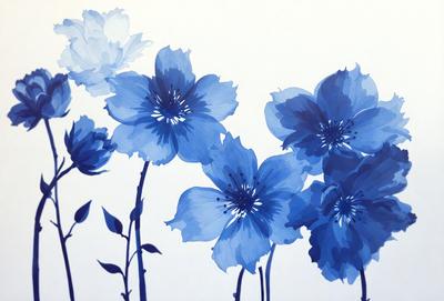 The primary subject of the image is a group of blue flowers, which are the main objects in the scene. The flowers are arranged in a vase, and they are the focal point of the image. The setting is a white background, which provides a clean and minimalist look to the scene. The visual style of the image is a combination of digital art and illustration, as the flowers are depicted in a detailed and realistic manner. The dominant colors in the image are blue, which is the color of the flowers, and white