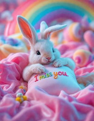 The primary subject of the image is a small white bunny rabbit wearing a pink shirt with the words "I miss you" written on it. The setting is a pink and white bed, with a pink blanket and a pink pillow. The visual style is a combination of a photo and digital art, creating a cute and heartwarming scene. The dominant colors are pink and white, giving the image a warm and comforting atmosphere.