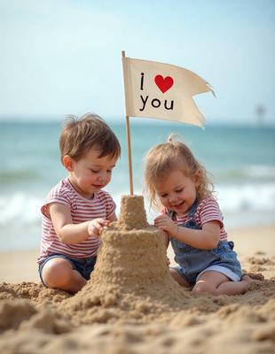 The primary subject of the image is a young boy and a young girl playing together on a sandy beach. They are both smiling and enjoying their time together. The setting is a beach with sand and water visible in the background. The visual style is a photo, capturing the children's playful interaction. The colors and mood of the image are warm and cheerful, reflecting the joyful atmosphere of the beach.